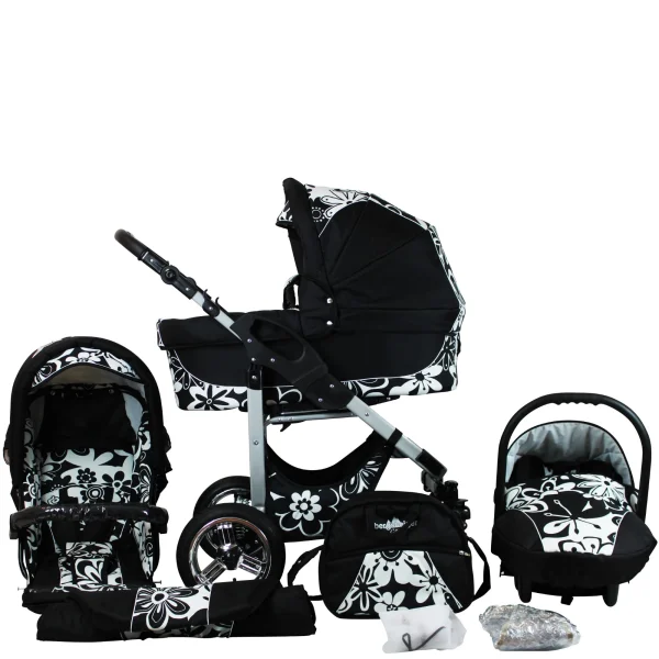 Bergsteiger 10tlg. Set: Kombi Kinderwagen “Capri” In Schwarz/Gemustert 1