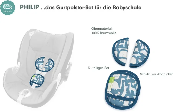 Liebes Von Priebes PHILIP Gurtpolster-Set Für Babyschalen – Animali, Blau, 3-tlg. 4